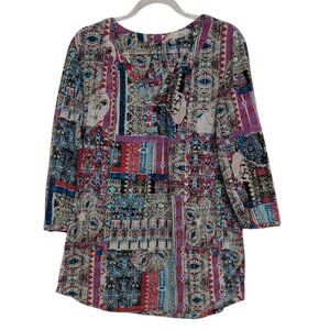 Kate Park Patchwork Shirt Womens Size Medium Colorful Boho Stretch 3/4 Sleeves